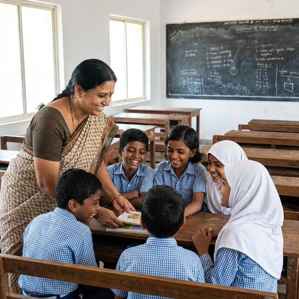 Teacher interacting with students in Iqra Convent classroom