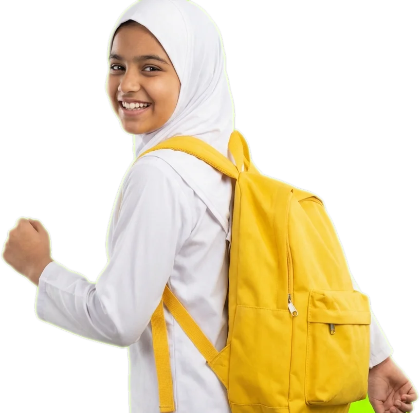 Iqra Convent School student in hijab posing with backpack